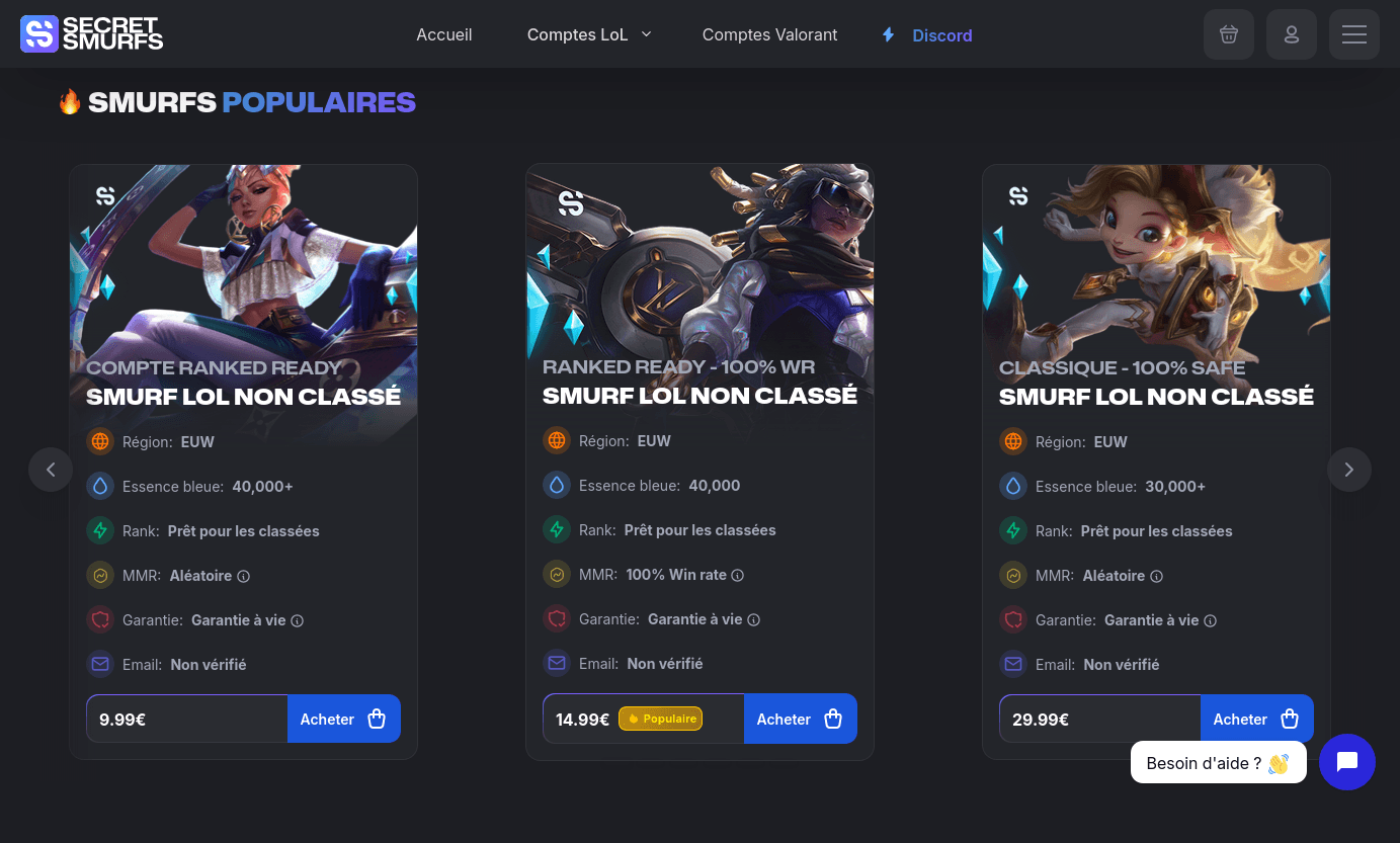 screen of the cards of the website Secret Smurfs